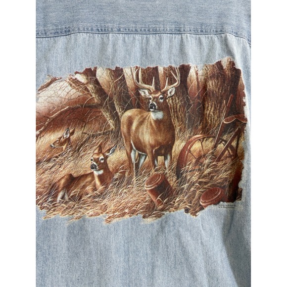 Most Wanted Other - Mens Vintage Deer Graphic Denim Shirt Short Sleeve Light Wash Large hunter fade